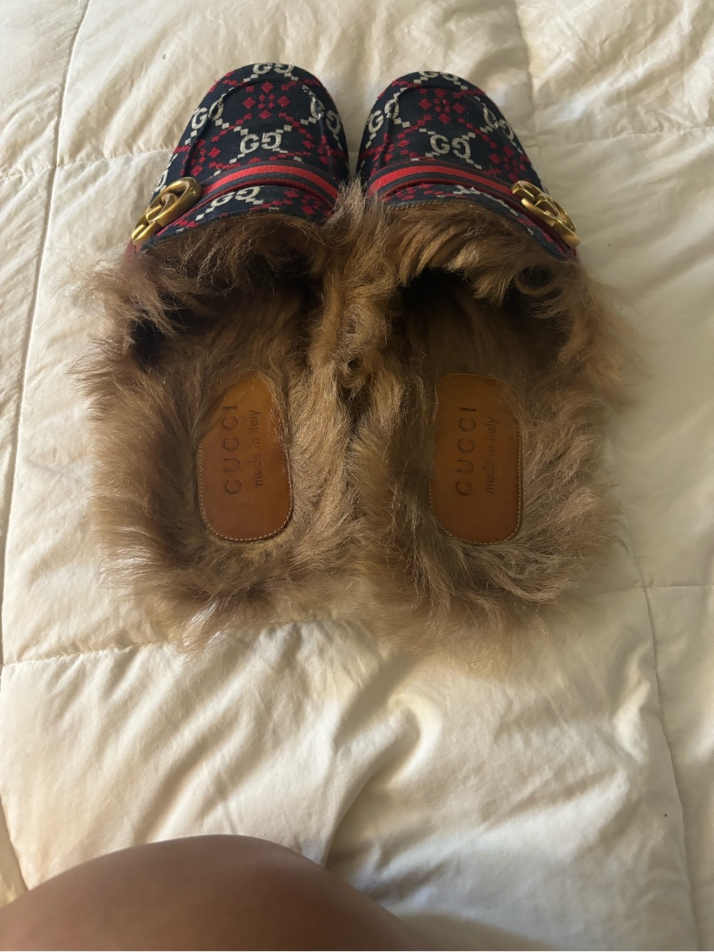 Gucci Navy & Red GG Canvas Fur-Lined Princetown Mule - Picture 2 of 3